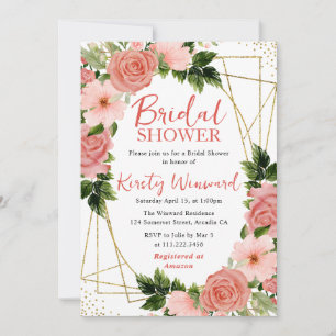 Watercolor Pink Roses Gold Frame Bridal Shower Invitation