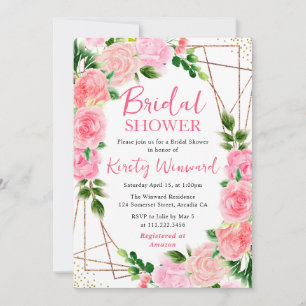 Watercolor Pink Roses Gold Frame Bridal Shower Invitation