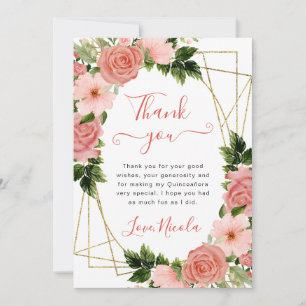 Watercolor Pink Roses Gold Frame Quinceanera Thank You Card