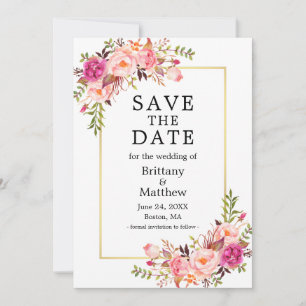 Watercolor Pink Roses Gold Frame Save The Date