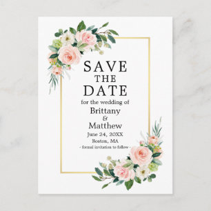 Watercolor Pink Roses Gold Frame Save The Date Postcard