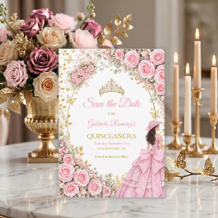 Watercolor Pink Roses Golden Quinceañera Save The Date