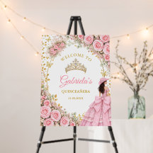 Watercolor Pink Roses Golden Quinceañera Welcome