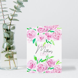 Watercolor Pink Roses Green Leaves Mother's Day