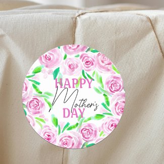 Watercolor Pink Roses Green Leaves Mother's Day