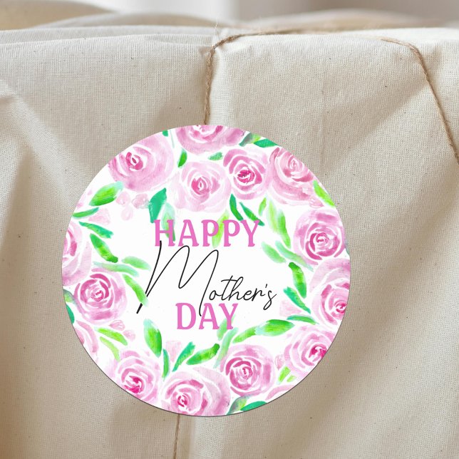 Watercolor Pink Roses Green Leaves Mother's Day Classic Round Sticker (Creator Uploaded)