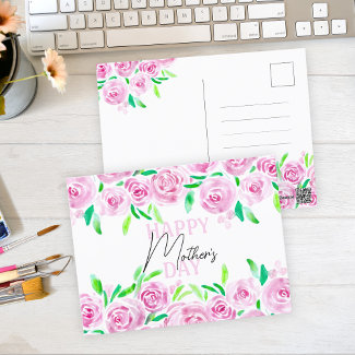 Watercolor Pink Roses Green Leaves Mother's Day