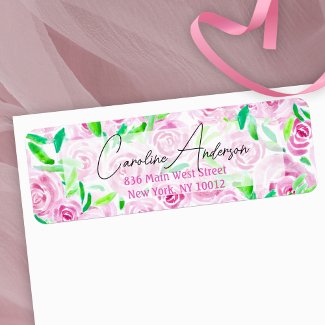 Watercolor Pink Roses Green Leaves Return Address
