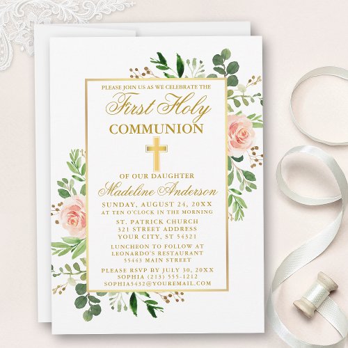 Watercolor Pink Roses Greenery First Communion Invitation