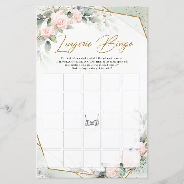 Watercolor pink roses greenery gold Lingerie Bingo (Front)