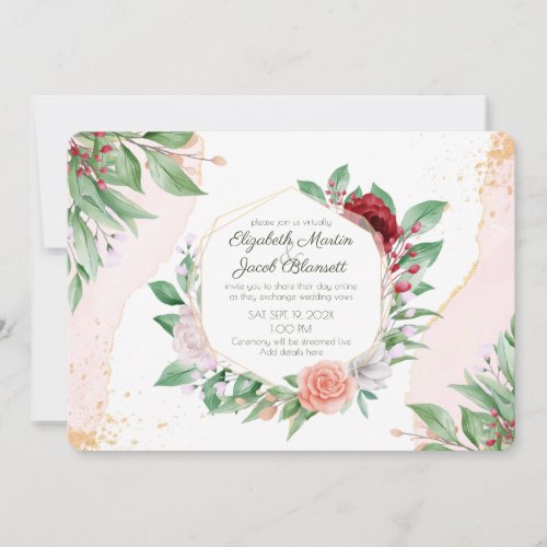 Watercolor Pink Roses  Greenery Virtual Wedding Invitation