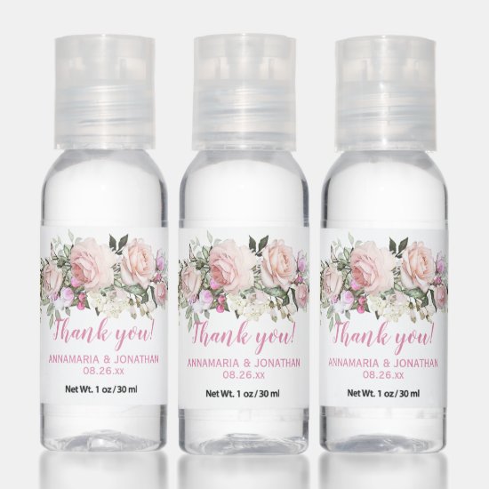 Watercolor Pink Roses Greenery Wedding Thank You Hand Sanitizer