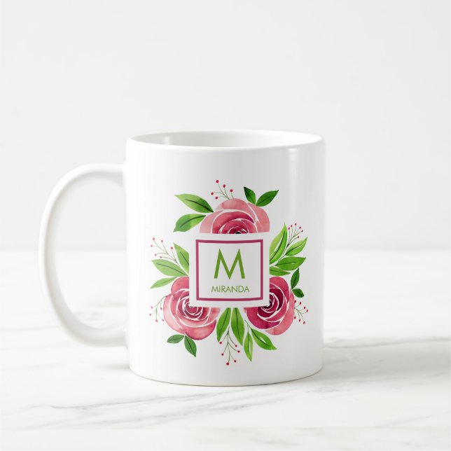 Watercolor Pink Roses Monogrammed Personalized Coffee Mug (Left)
