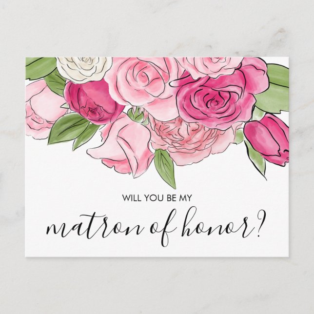 Watercolor Pink Roses My Matron Of Honor Postcard (Front)