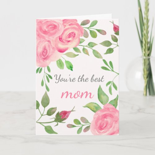 Watercolor Pink Roses Name Mom Day Greeting Card