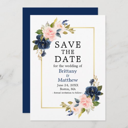 Watercolor Pink Roses Navy Blue Gold Frame Save The Date