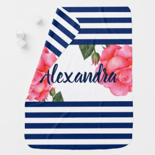 Watercolor Pink Roses Navy Blue White Stripes Stroller Blanket