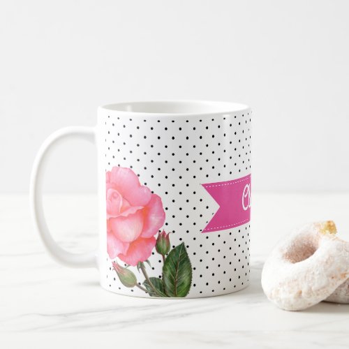 Watercolor Pink Roses on Black White Polka Dots Coffee Mug