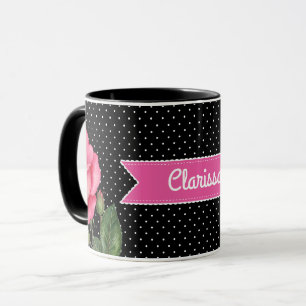 Watercolor Pink Roses on Black White Polka Dots Mug