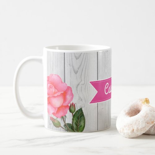 Watercolor Pink Roses on Rustic Gray Wood Board Coffee Mug