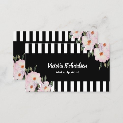 Watercolor Pink Roses Painting Black White Stripes Business Card