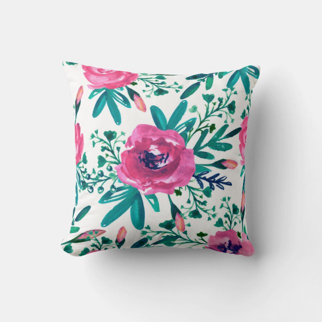 Watercolor Pink Roses Pattern Throw Pillow (Front)