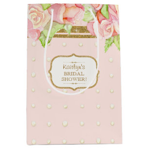 Watercolor Pink Roses Pearls Bouquet Bridal Shower Medium Gift Bag