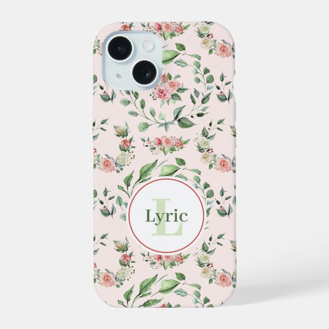 Watercolor Pink Roses Personalized iPhone 15 Case (Back)