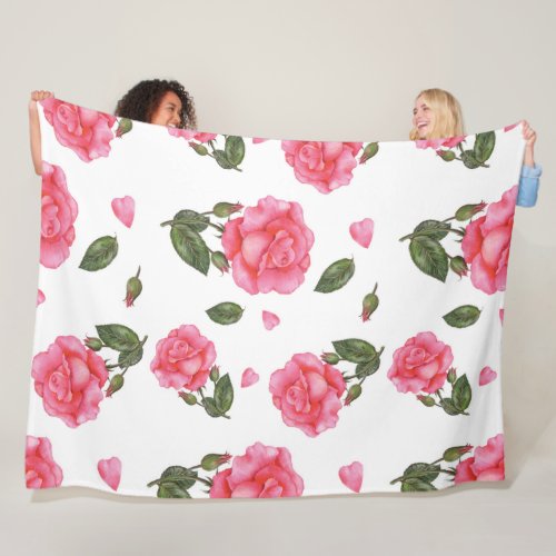 Watercolor Pink Roses Petals and Leaves Pattern Fleece Blanket