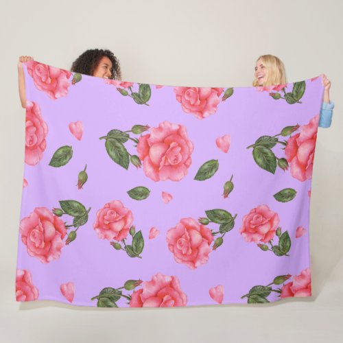 Watercolor Pink Roses Petals and Leaves Pattern Fleece Blanket
