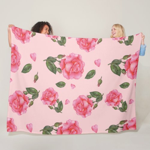 Watercolor Pink Roses Petals and Leaves Pattern Fleece Blanket