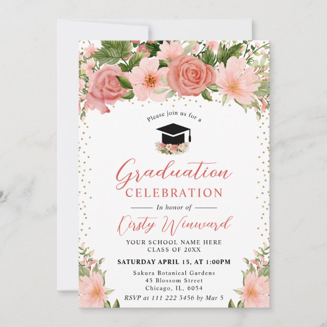Watercolor Pink Roses Photo Graduation Invitation (Front)