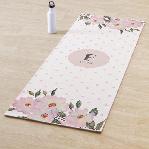 Watercolor Pink Roses Polka Dots Monogram Yoga Mat