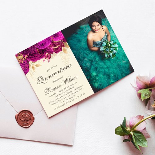 Watercolor Pink Roses Quinceanera Photo Invitation
