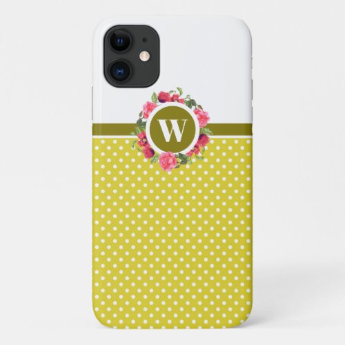Watercolor Pink Roses Red Poppies Wreath Monogram iPhone 11 Case