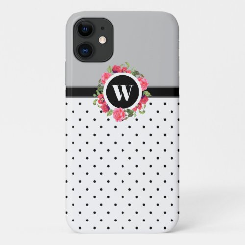 Watercolor Pink Roses Red Poppies Wreath Monogram iPhone 11 Case