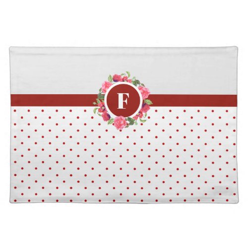 Watercolor Pink Roses Red Poppies Wreath Monogram Cloth Placemat