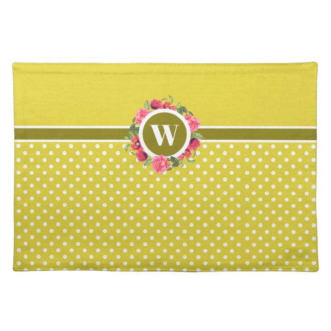 Watercolor Pink Roses Red Poppies Wreath Monogram Cloth Placemat (Front)