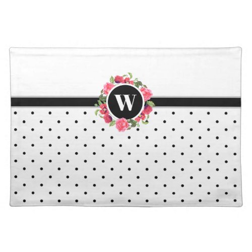 Watercolor Pink Roses Red Poppies Wreath Monogram Cloth Placemat