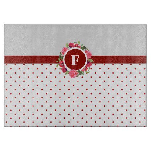 Watercolor Pink Roses Red Poppies Wreath Monogram Cutting Board