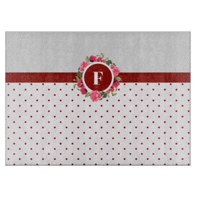 Watercolor Pink Roses Red Poppies Wreath Monogram Cutting Board (Front)