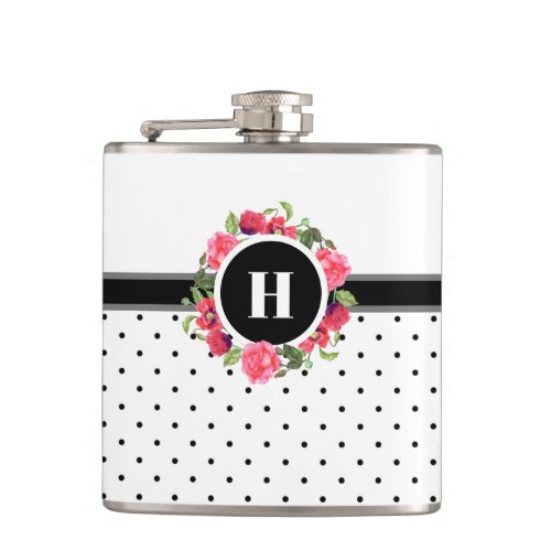 Watercolor Pink Roses Red Poppies Wreath Monogram Flask