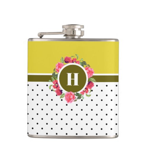 Watercolor Pink Roses Red Poppies Wreath Monogram Flask