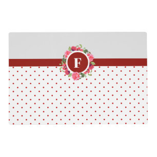 Watercolor Pink Roses Red Poppies Wreath Monogram Placemat