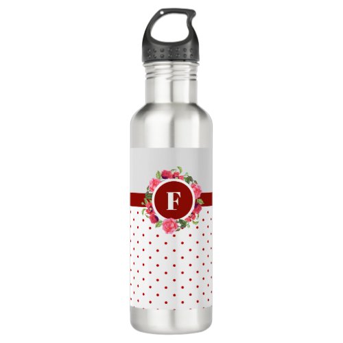 Watercolor Pink Roses Red Poppies Wreath Monogram Stainless Steel Water Bottle