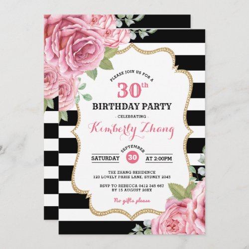 Watercolor Pink Roses  Romantic Paris Birthday Invitation