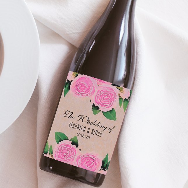 Watercolor Pink Roses Romantic Wedding Wine Label (Creator Uploaded)