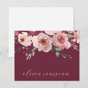Watercolor Pink Roses Script Bordeaux Wine Note Card