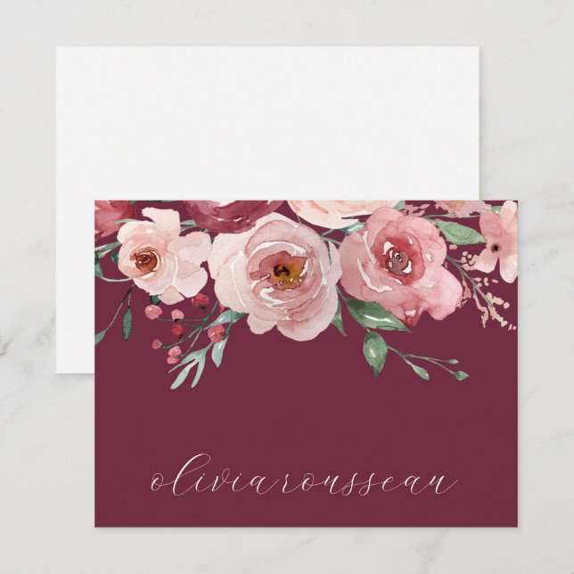 Watercolor Pink Roses Script Bordeaux Wine Note Card (Front/Back)