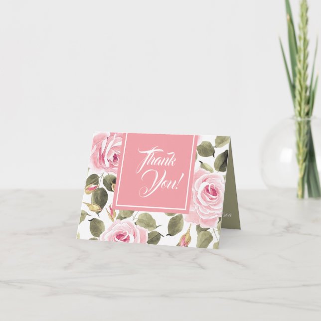 Watercolor Pink Roses Thank You Card (Front)